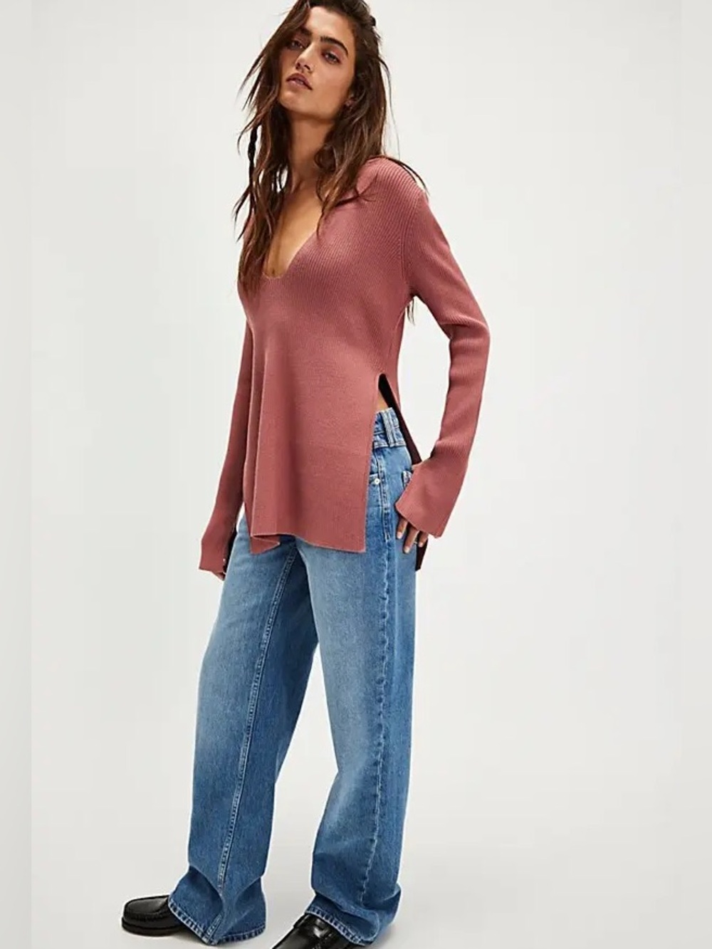Free people Portia Dusty Rose V-Neck Knit Sweater